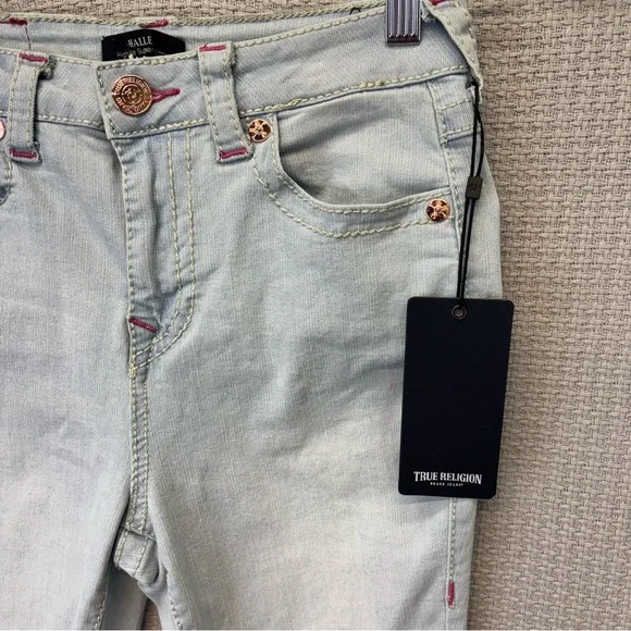 NWT True Religion Halle Jeans Women 26 High Rise Super Skinny Pink Stitching - Picture 5 of 12
